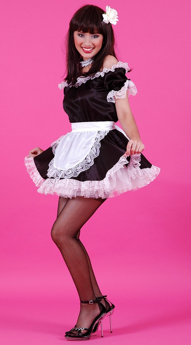 Brunette French Maid Wearing Black Sheer Stockings And Black Sandal High Heels